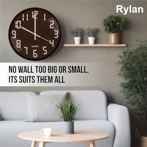 Rylan Wall Clock 12" Silent Quartz Decorative Latest Wall Clock Non-Ticking Classic Clock Battery Operated Round Easy to Read for Room/Home/Kitchen/Bedroom/Office/School