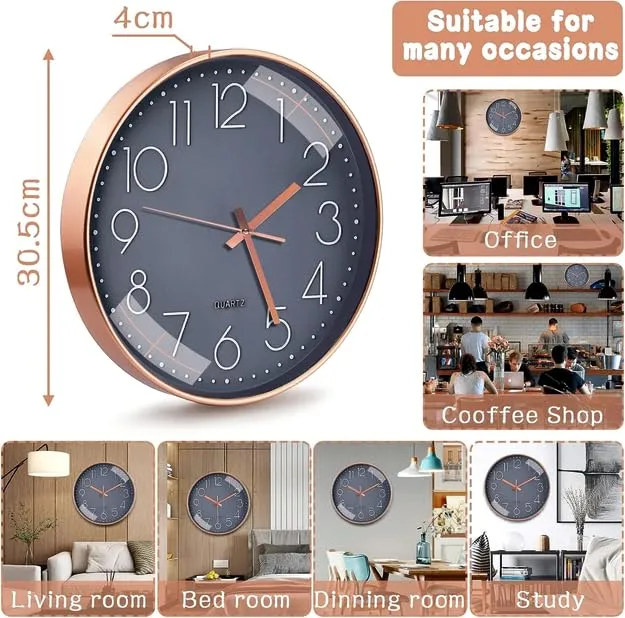 Rylan Wall Clock 12" Silent Quartz Decorative Latest Wall Clock Non-Ticking Classic Clock Battery Operated Round Easy to Read for Room/Home/Kitchen/Bedroom/Office/School*.,