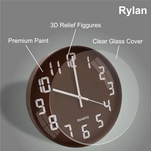 Rylan Wall Clock 12" Silent Quartz Decorative Latest Wall Clock Non-Ticking Classic Clock Battery Operated Round Easy to Read for Room/Home/Kitchen/Bedroom/Office/School