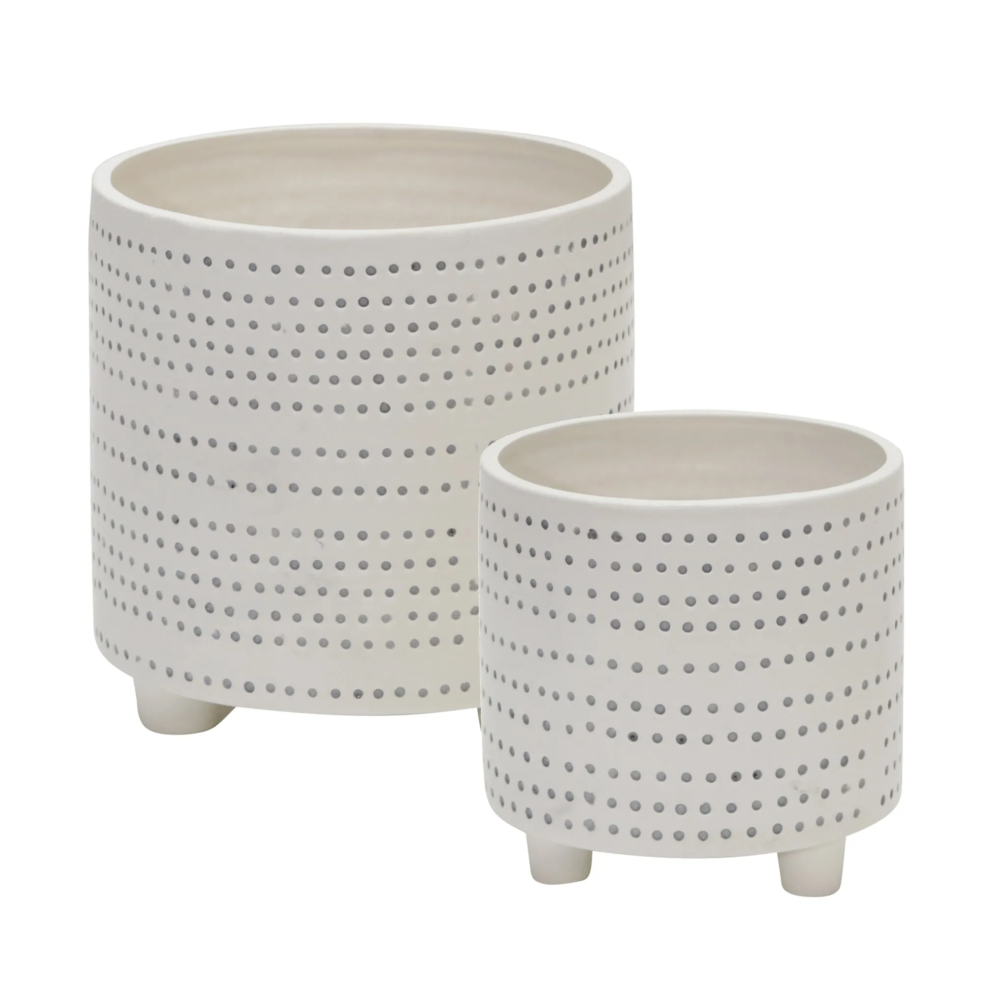 S/2 Ceramic Footed Planter W/ Dots 6/8", Ivory