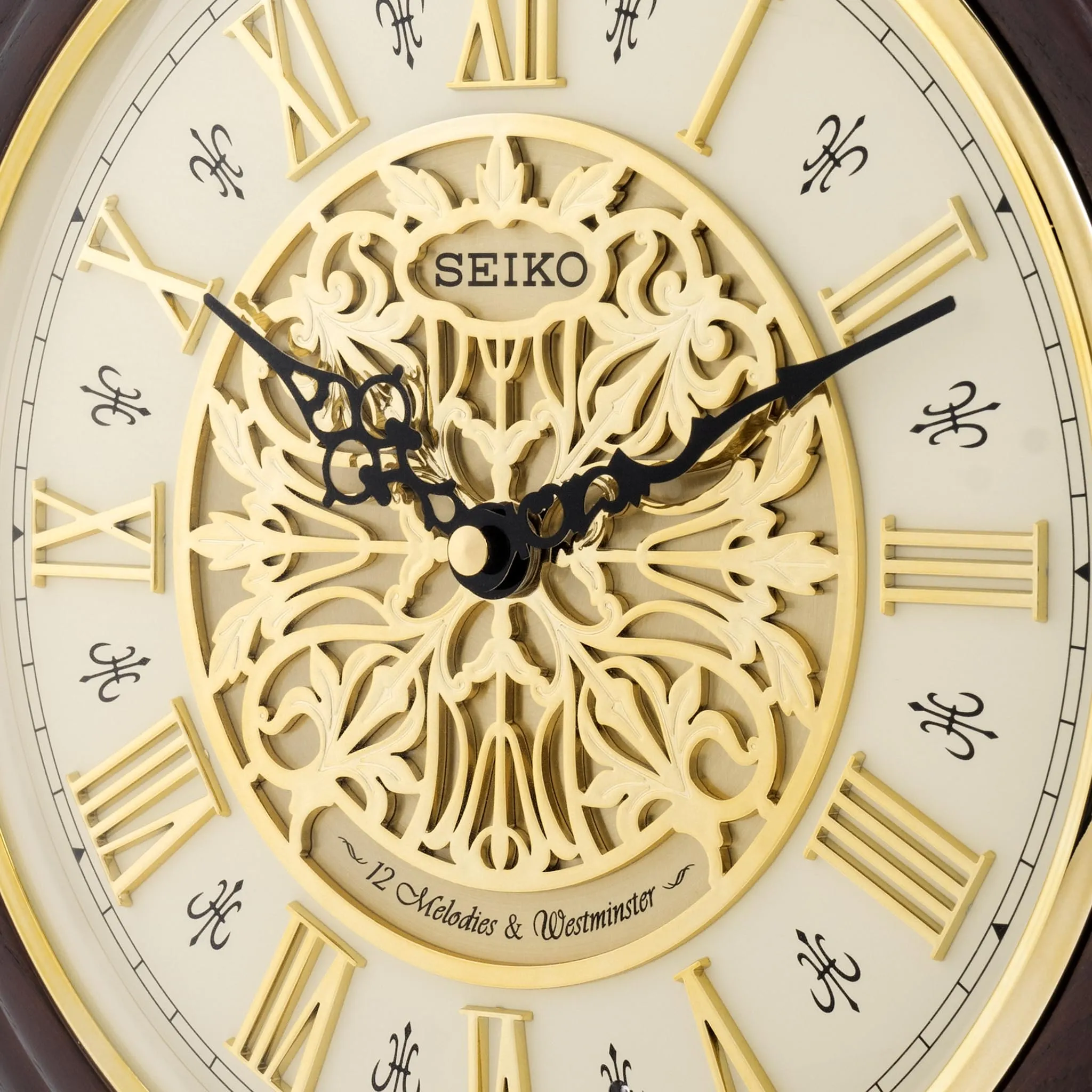 SEIKO Classic Round Brown Wooden Analog Home Decor Musical Westminster Chimes Wall Clock with Golden Dial (Size: 31.5 x 5.7 x 31.5 CM | Weight: 1300 gram) QXM342B