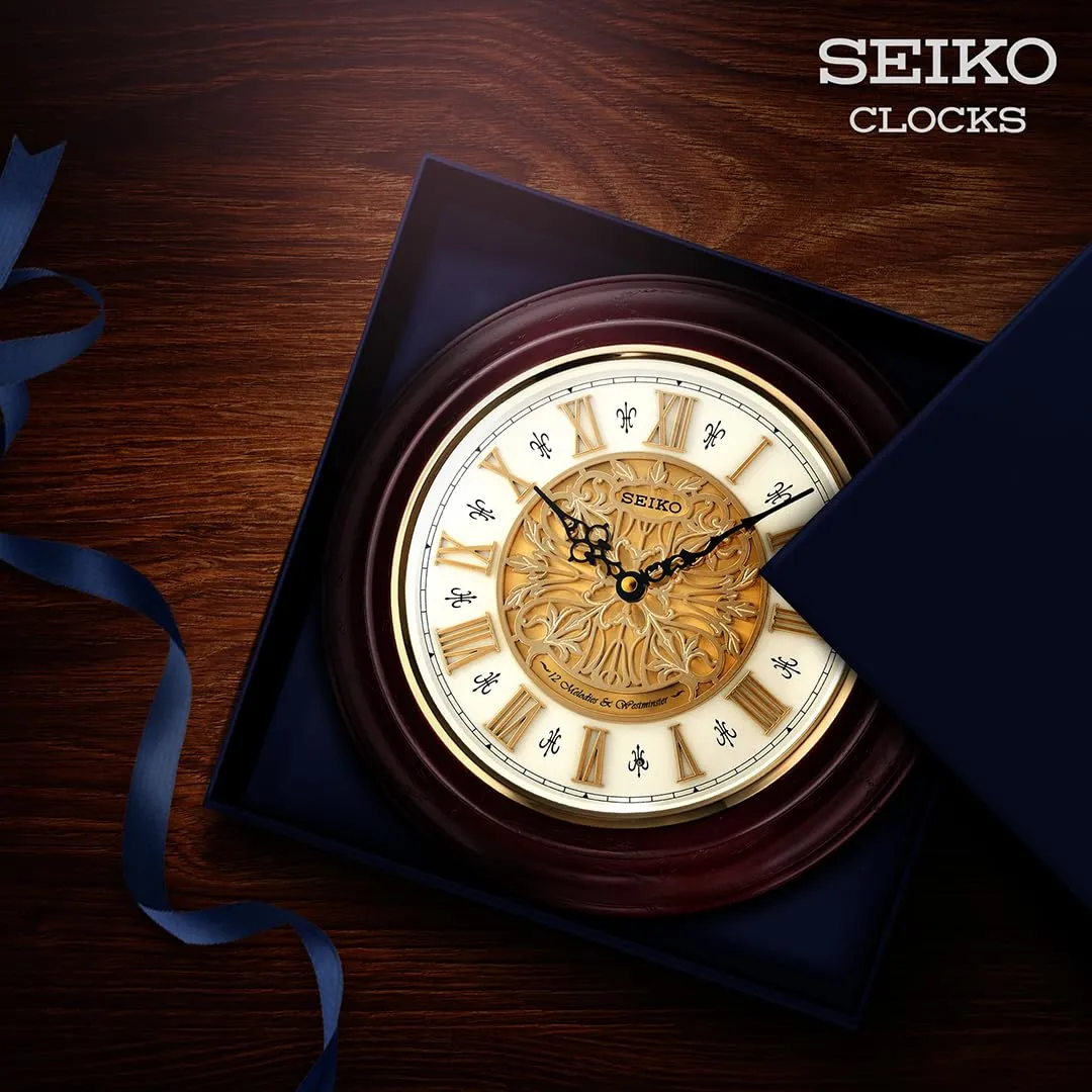 SEIKO Classic Round Brown Wooden Analog Home Decor Musical Westminster Chimes Wall Clock with Golden Dial (Size: 31.5 x 5.7 x 31.5 CM | Weight: 1300 gram) QXM342B