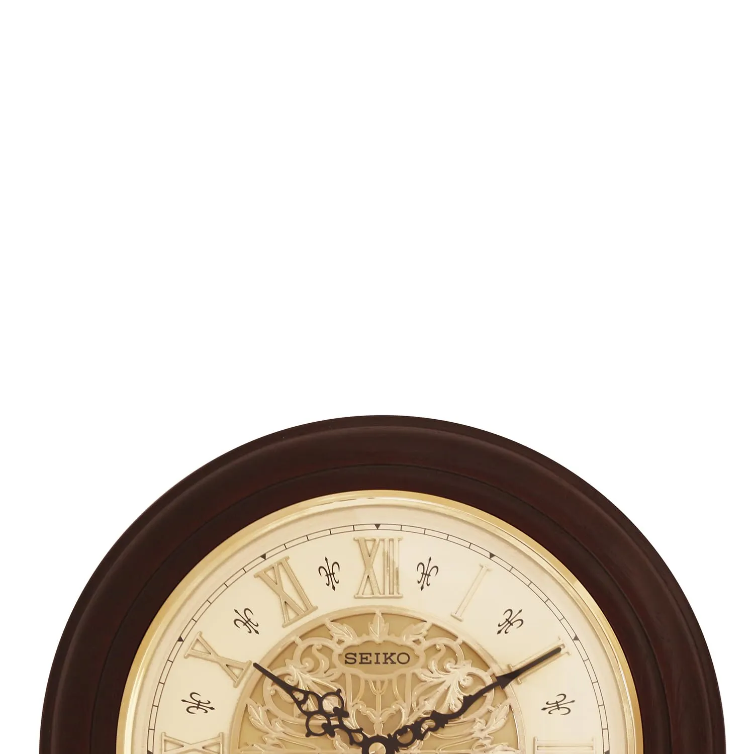 SEIKO Classic Round Brown Wooden Analog Home Decor Musical Westminster Chimes Wall Clock with Golden Dial (Size: 31.5 x 5.7 x 31.5 CM | Weight: 1300 gram) QXM342B