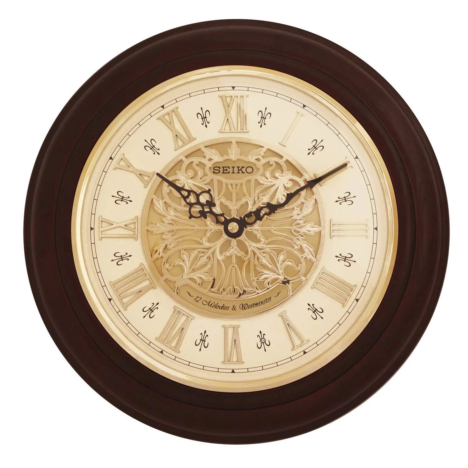 SEIKO Classic Round Brown Wooden Analog Home Decor Musical Westminster Chimes Wall Clock with Golden Dial (Size: 31.5 x 5.7 x 31.5 CM | Weight: 1300 gram) QXM342B