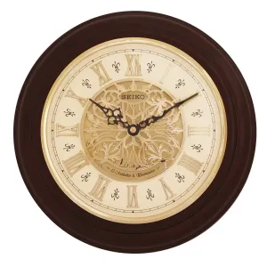 SEIKO Classic Round Brown Wooden Analog Home Decor Musical Westminster Chimes Wall Clock with Golden Dial (Size: 31.5 x 5.7 x 31.5 CM | Weight: 1300 gram) QXM342B