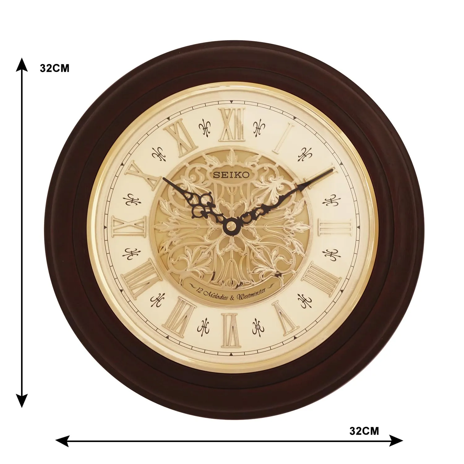 SEIKO Classic Round Brown Wooden Analog Home Decor Musical Westminster Chimes Wall Clock with Golden Dial (Size: 31.5 x 5.7 x 31.5 CM | Weight: 1300 gram) QXM342B