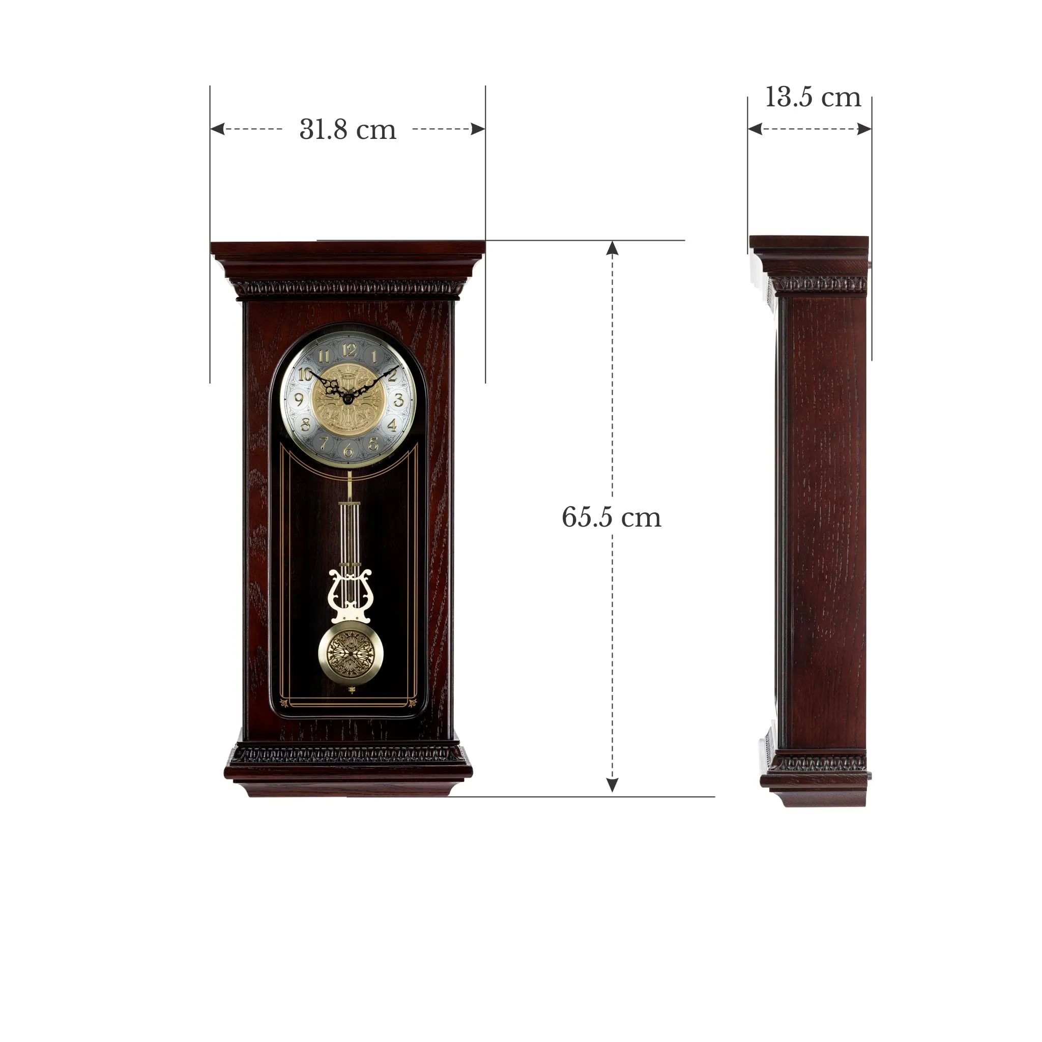 SEIKO Decorative Vertical Pendulum Rosewood Wooden Analog English Numbers Musical Hourly Chimes Home Decor Wall Clock (Size: 31.8 x 13.5 x 65.5 CM | Weight: 6700 gram) QXH008BN