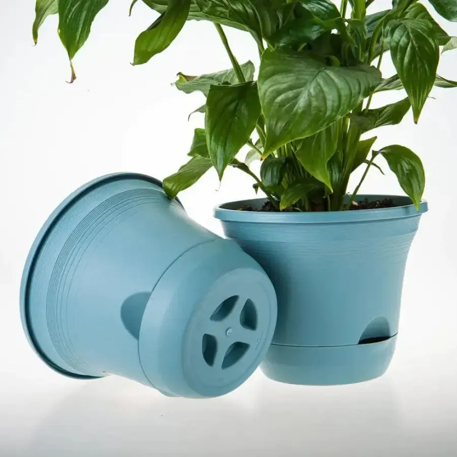 Set of 2 x 19.5 cm Blue Plastic Self Watering Planter for Indoor or Outdoor