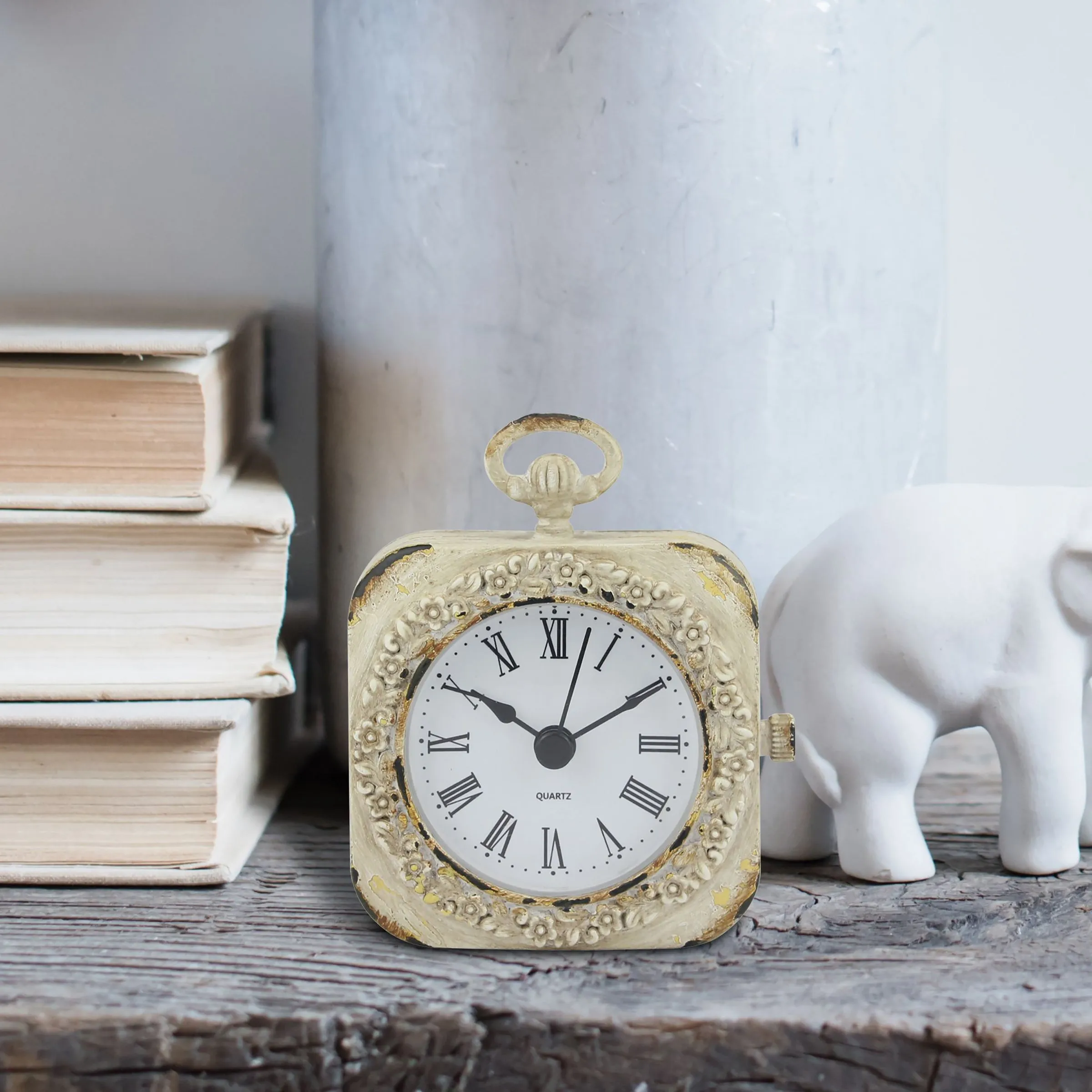 Small 4 Inch Decorative Table Top Clock with Roman Numerals and Antique White Finish (WS)