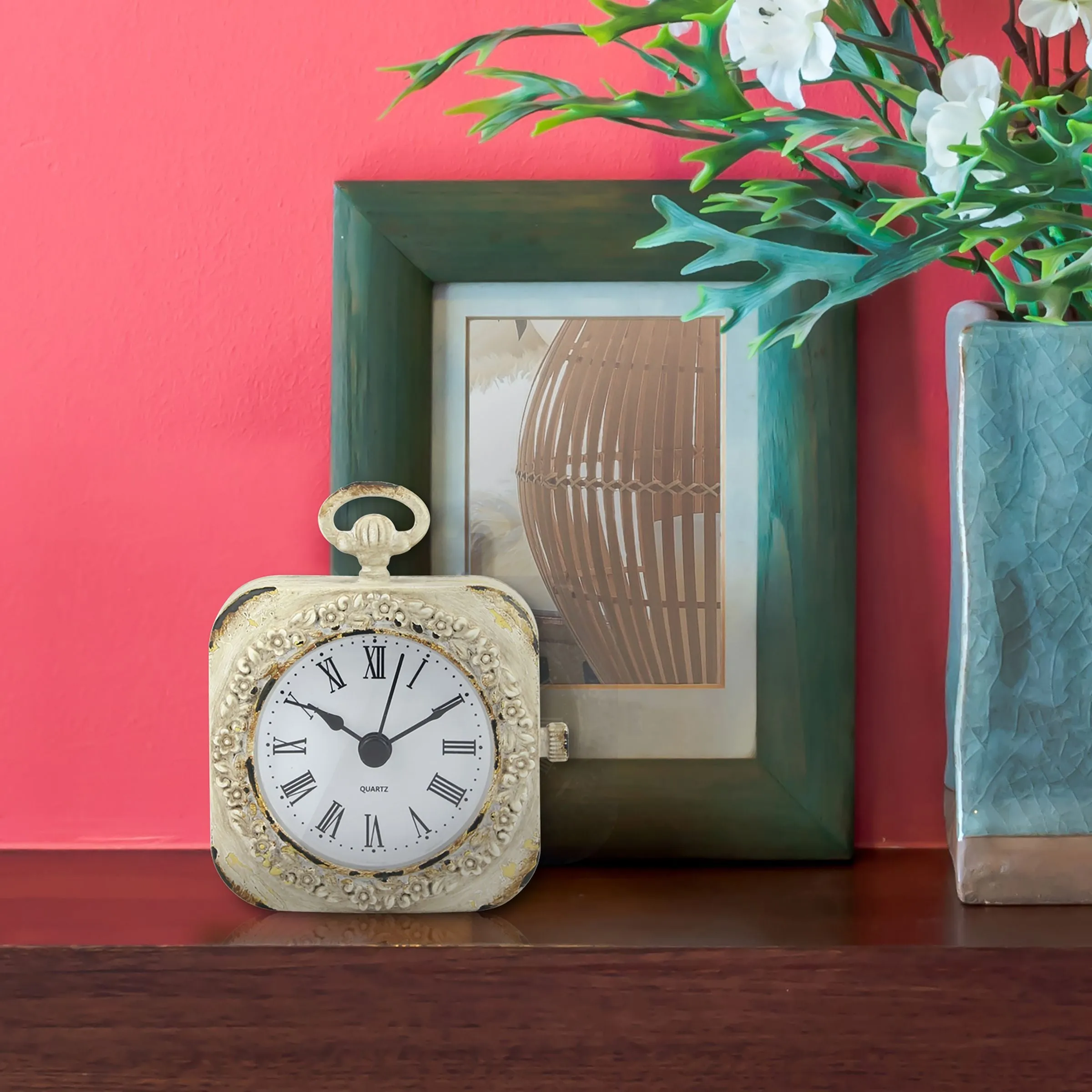 Small 4 Inch Decorative Table Top Clock with Roman Numerals and Antique White Finish (WS)