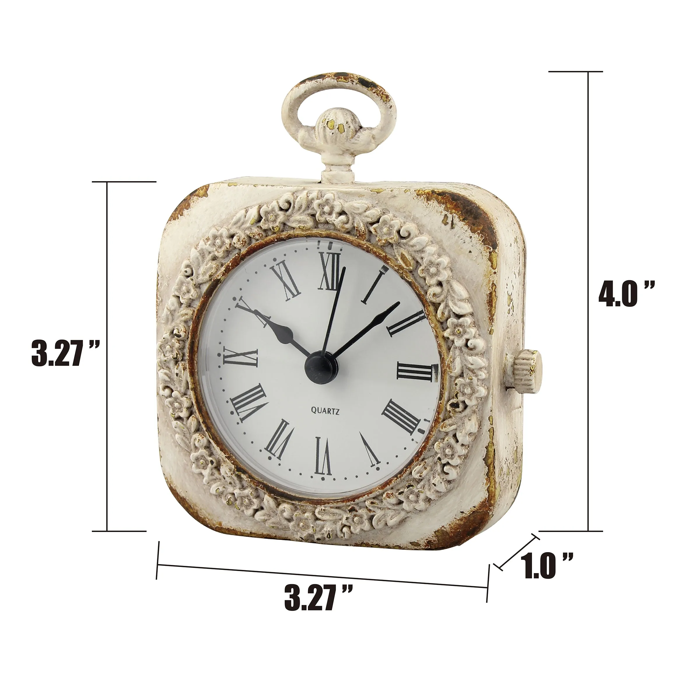 Small 4 Inch Decorative Table Top Clock with Roman Numerals and Antique White Finish (WS)