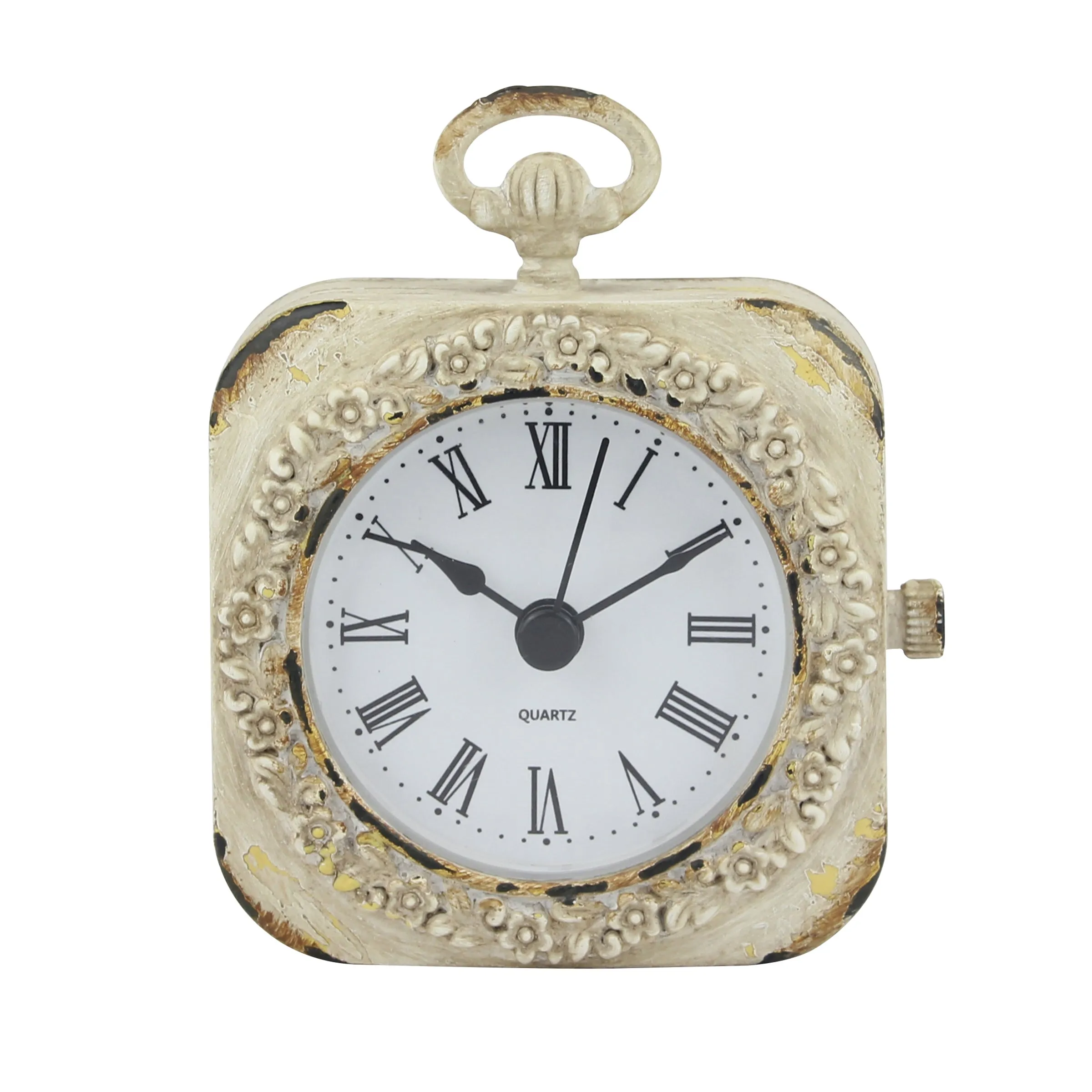 Small 4 Inch Decorative Table Top Clock with Roman Numerals and Antique White Finish (WS)