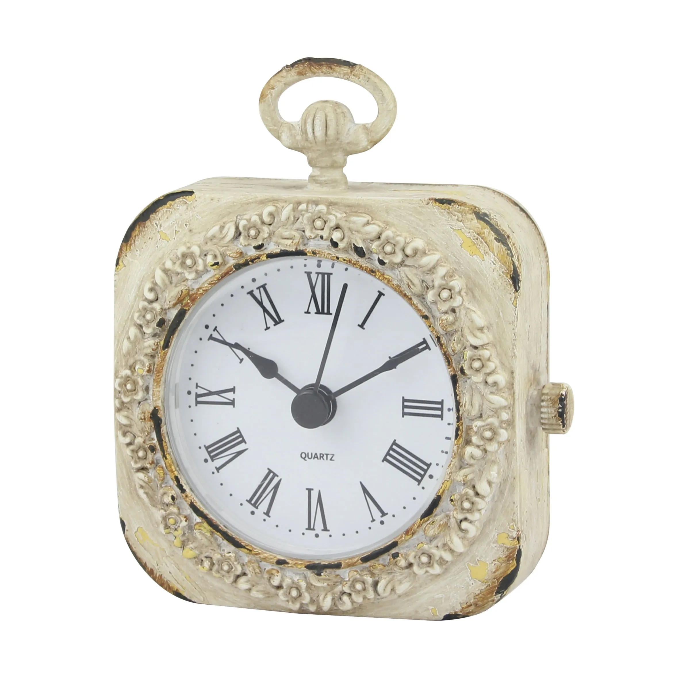 Small 4 Inch Decorative Table Top Clock with Roman Numerals and Antique White Finish (WS)