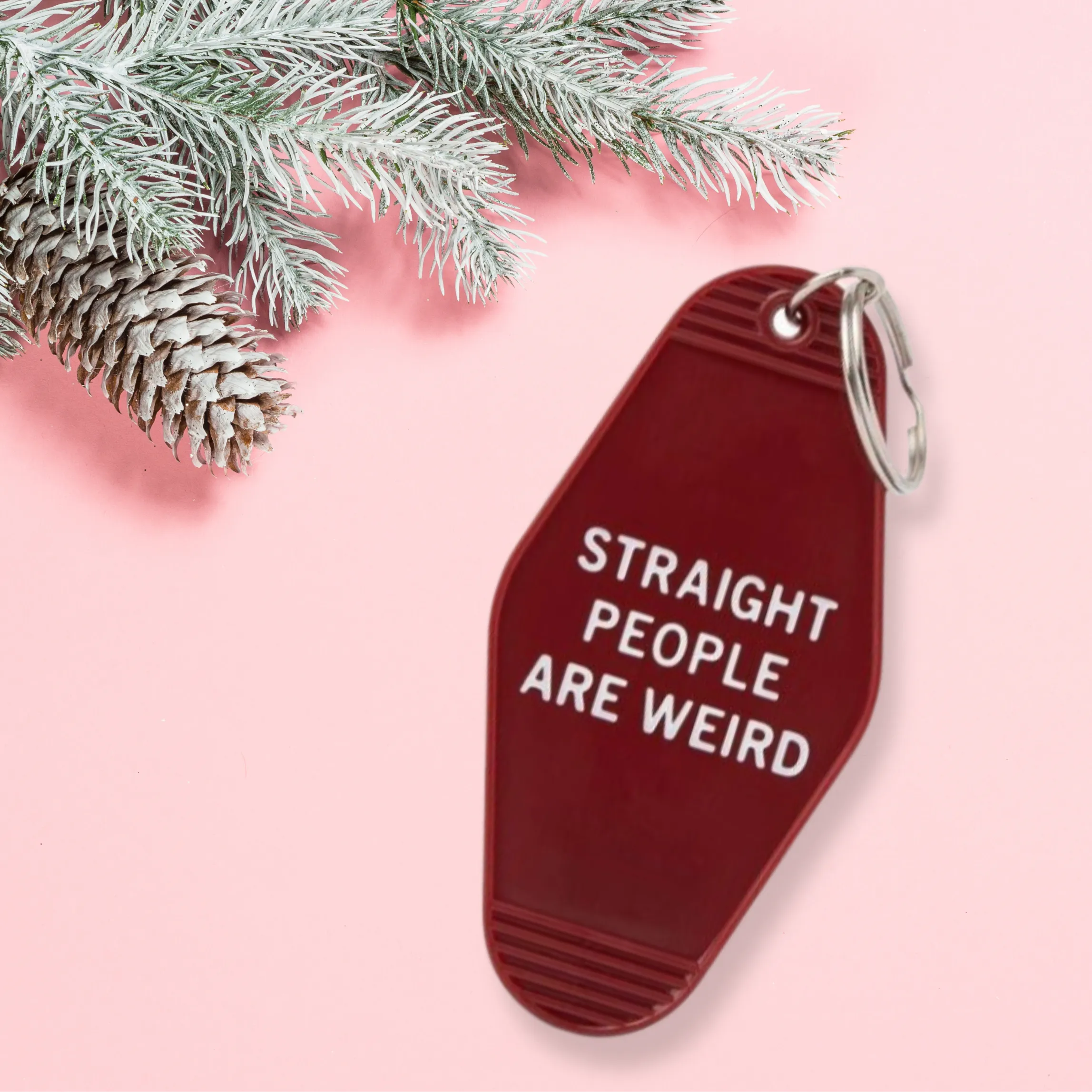 Straight People Are Weird LGBT Motel Keychain in Dark Red