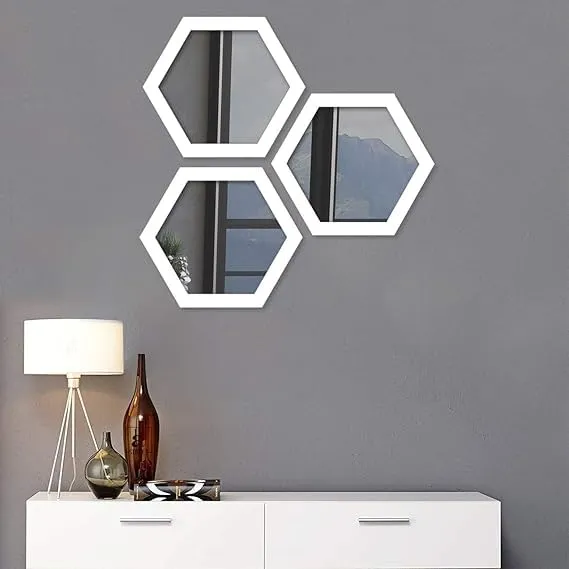 The Menifest |Decorative Wall Mirror White Set of 3 Hexagon Shape for Home Decoration & Wall Decoration for Your Beautyfull Home (White)