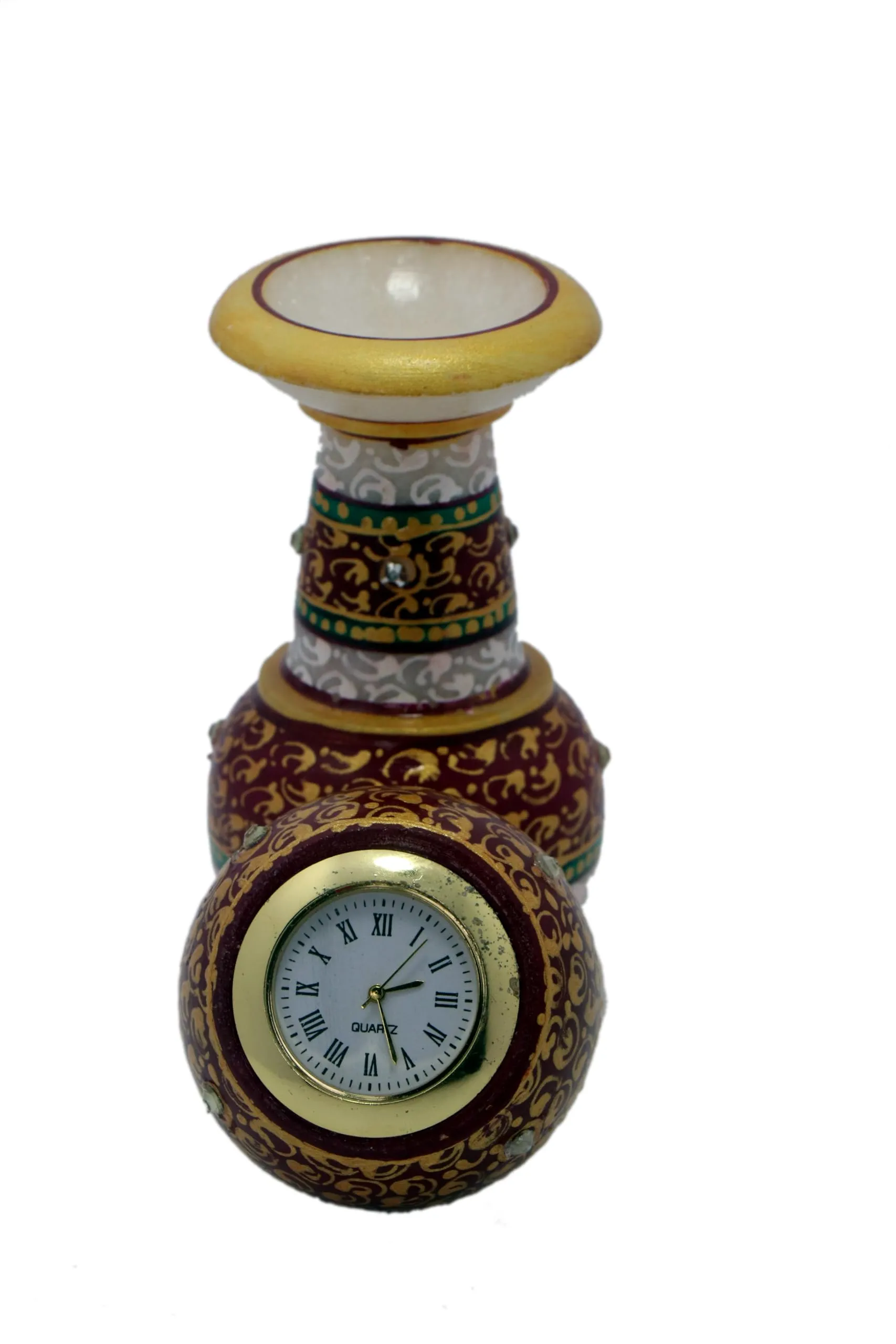 THE SAARTHI SPACE Handmade Ethnic Design Marble Table Clock for Home/Office | Pillar Watch Material - (KADAM Wood)