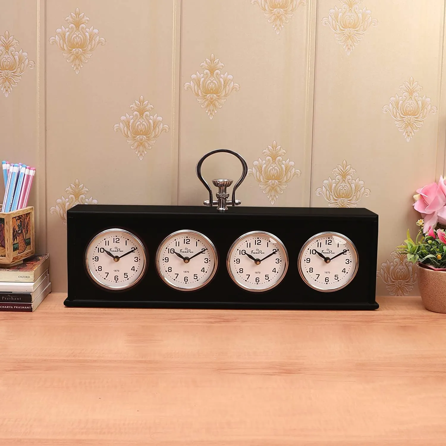 TrenDec Decorative Wooden Table Clock | World Table Clock | 4 Time Zones, 53x10x30 cm | Designer Analogue World Wall Clock for Home | White Dials & Black Body | Decorative Table Clock