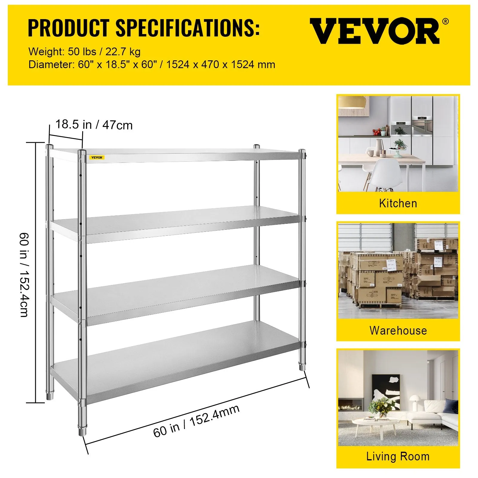 Vevor 4-Tier Storage Shelf 60" x 18.5" x 60" Stainless Steel 1320 Lbs. Capacity Adjustable Height New