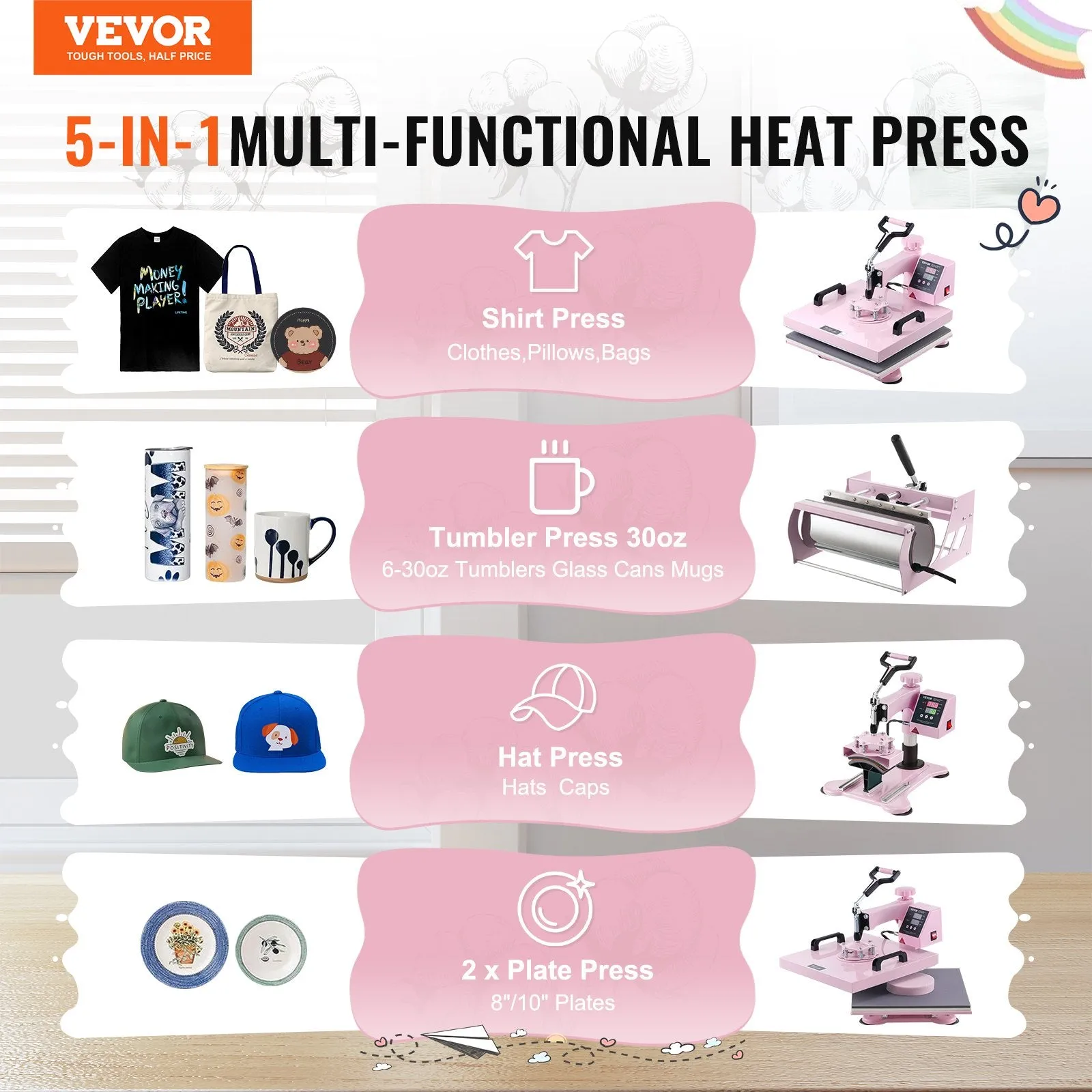 Vevor Heat Press 5-in-1 Machine 15" x 15" with 30oz Tumbler Press Pink New