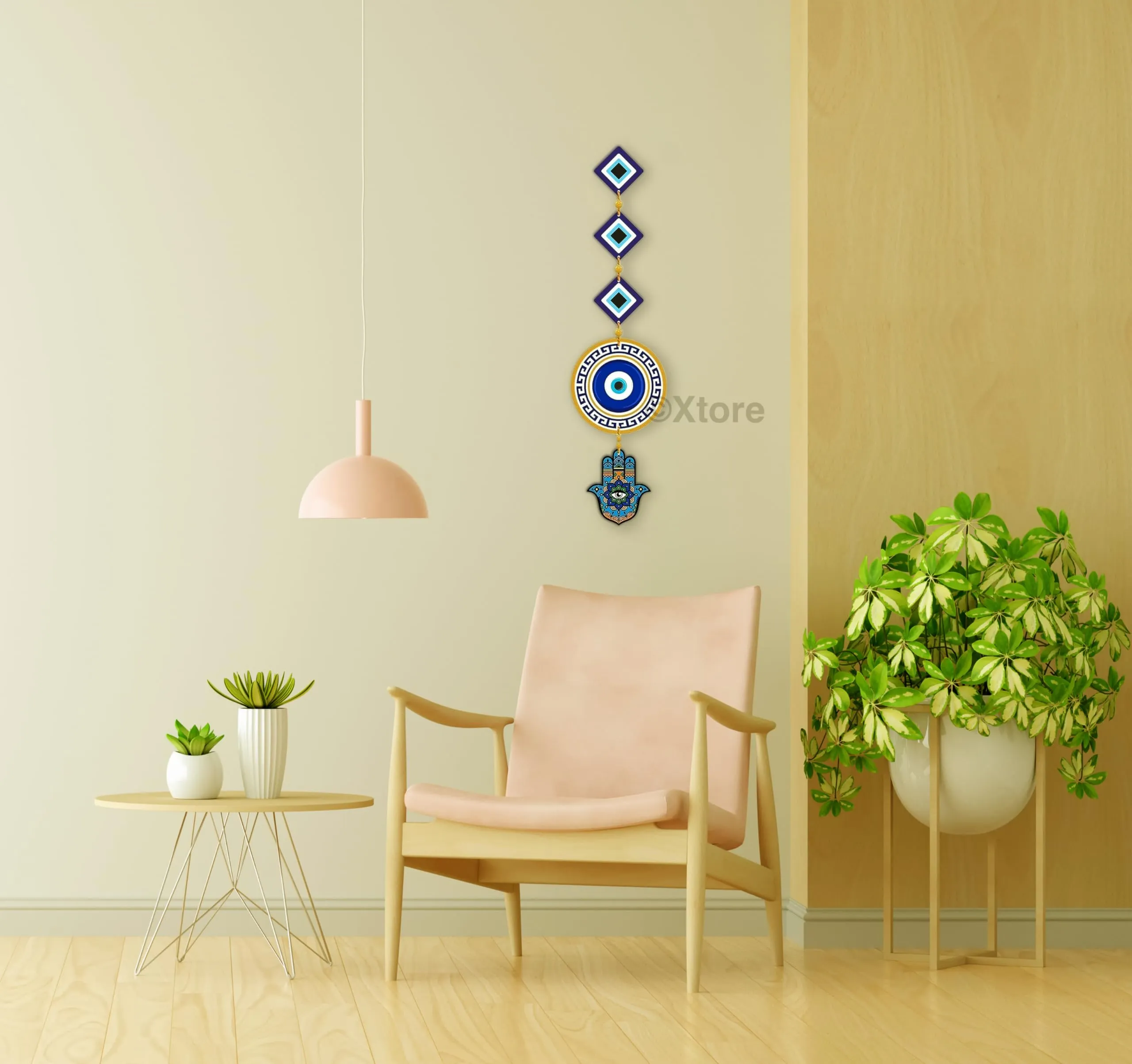 Xtore Decorative Wall Art MDF Wooden Hanger for Living Room | Bedroom | Office | Kitchen | Nazar Raksha | Triple Evil Eye For Home Decor - Pack of 1