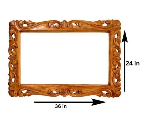 Yellow Wood Wall Hanging Mirror Frame for Home Decor, Wooden Frame Hand Carved Without Glass for Living Mirror Wood Frame Antique Golden 24x36 Inch